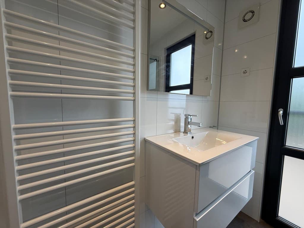 Moderne badkamer met wastafel, spiegel, handdoekradiator en grote ramen voor natuurlijk licht