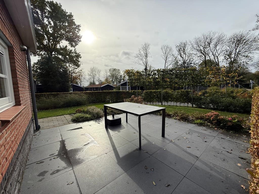 Tuin met een zwart tafel op een tegelvloer, omringd door groen en bomen bij EuroParcs Bad Hoophuizen.