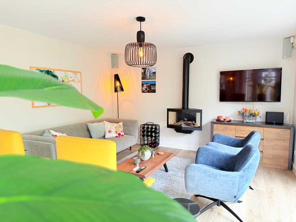 Moderne woonkamer met een zitgroep, een houthaard, een tv en kleurrijke meubels. Planten en decoraties toevoegen sfeer.
