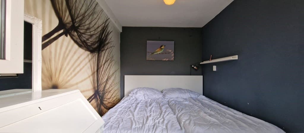 Slaapkamer met twee eenpersoonsbedden, een wanddecoratie van een dandelion en een schilderij van een vogel aan de muur.