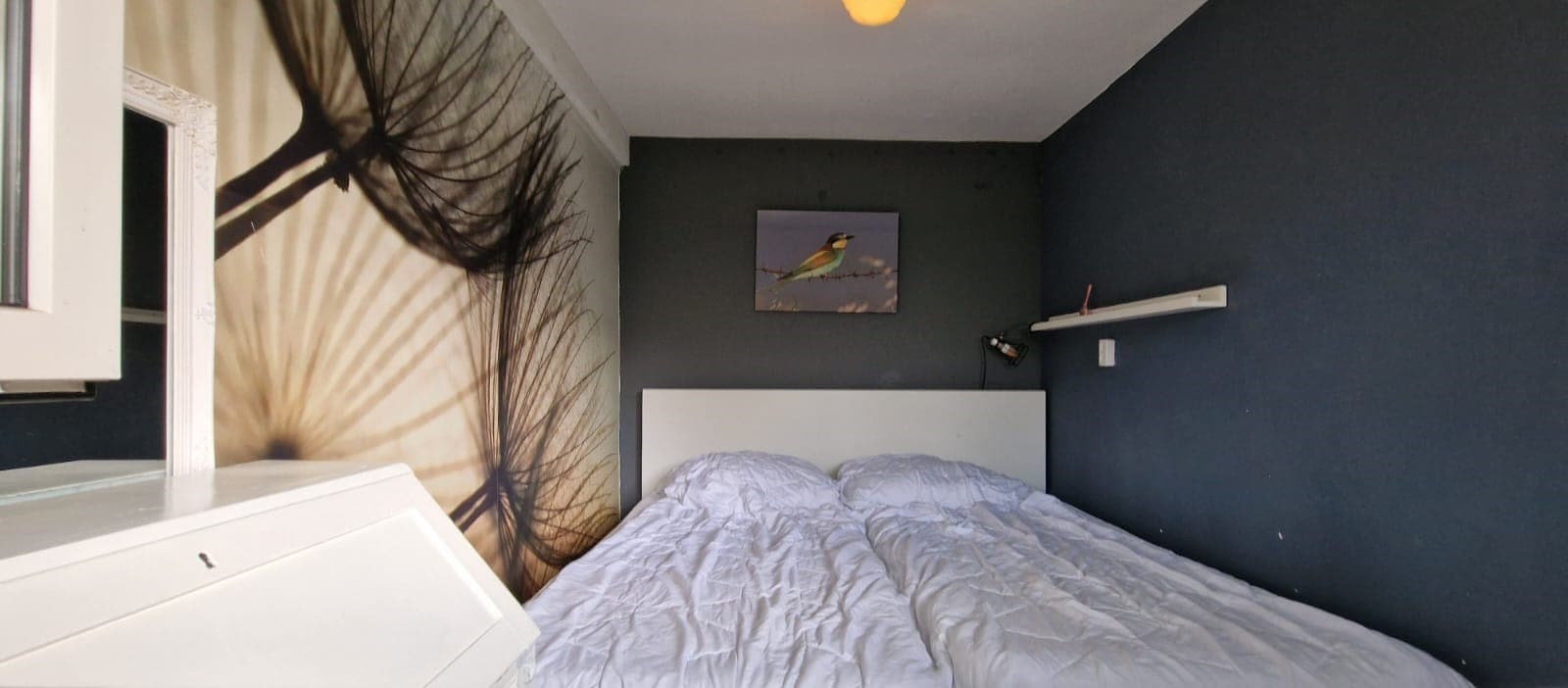 Slaapkamer met twee eenpersoonsbedden, een wanddecoratie van een dandelion en een schilderij van een vogel aan de muur.