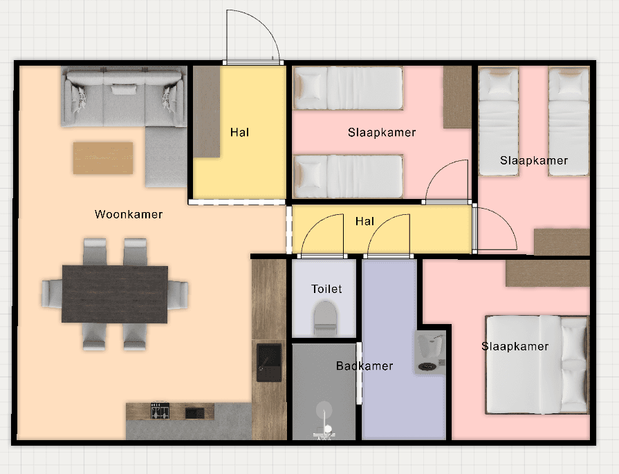 Plattegrond van een woning met een woonkamer, eetkamer, vier slaapkamers, een badkamer en toilet op verschillende locaties.