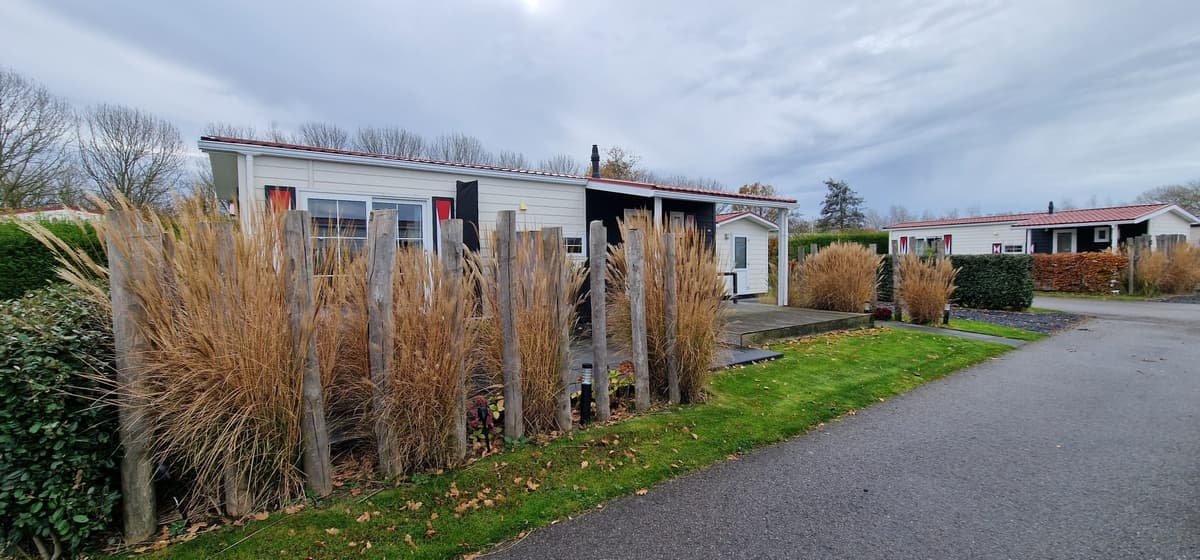 Moderne vakantiewoning met een terrassentrap en omringd door hoge siergrassen, gelegen langs een groene laan