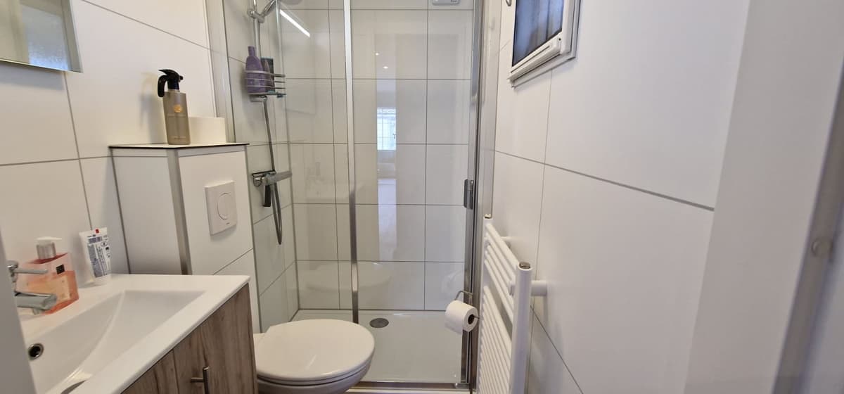 Moderne badkamer met inloopdouche, wastafel en toilet in lichte tinten.