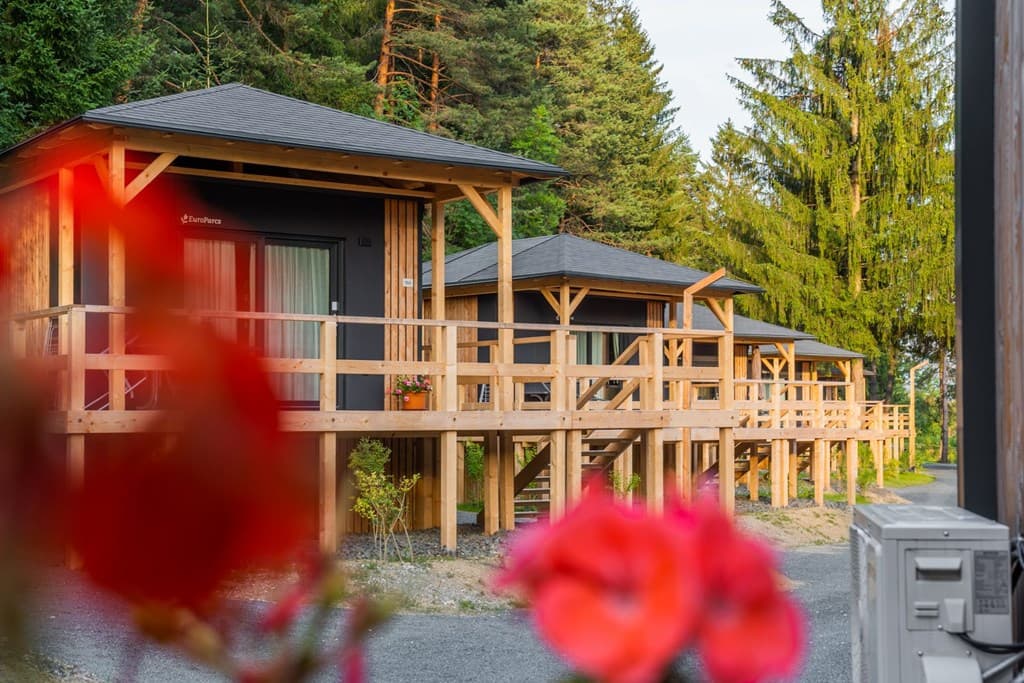 Drie houten vakantiewoningen met veranda's, omringd door bomen en bloemen in EuroParcs Pressegger See.