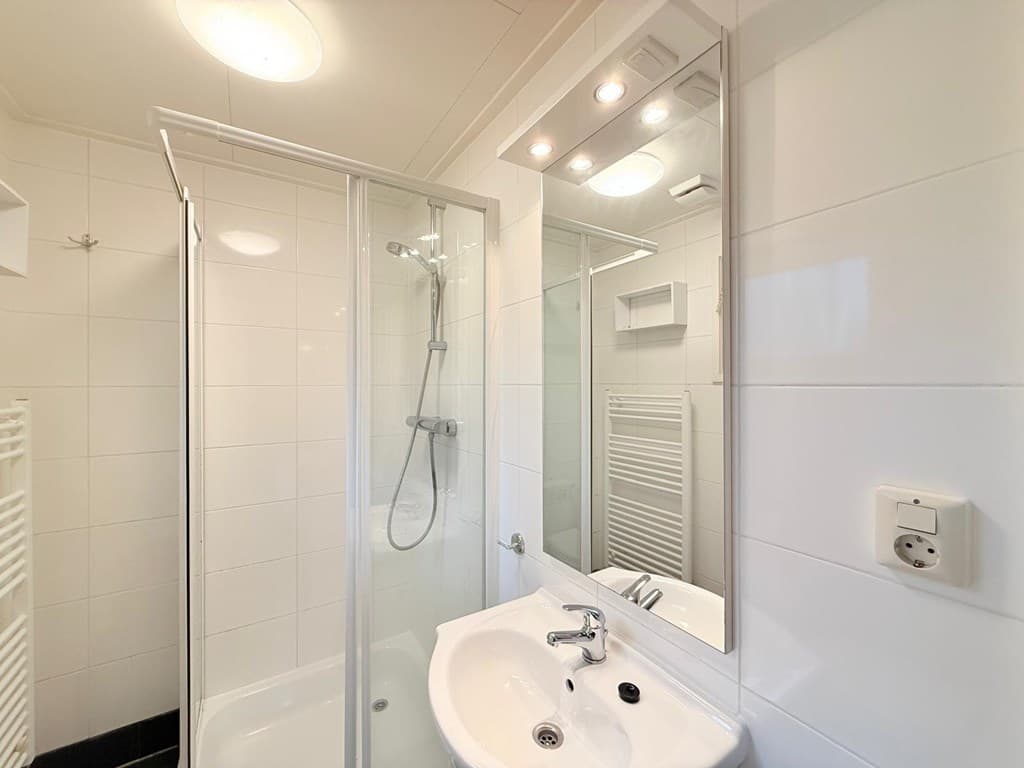 Moderne badkamer met douchecabine, wastafel en spiegel, witte tegels en handdoekradiator.
