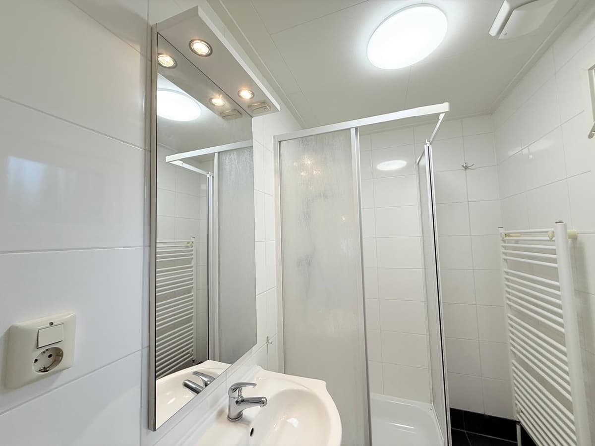 Badkamer met douchecabine, wastafel en spiegel, witte tegels en handdoekradiator aan de muur