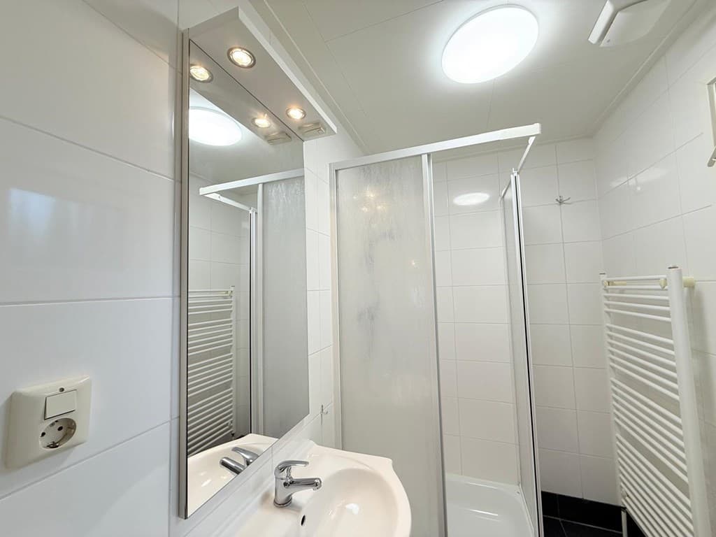 Badkamer met douchecabine, wastafel en spiegel, witte tegels en handdoekradiator aan de muur