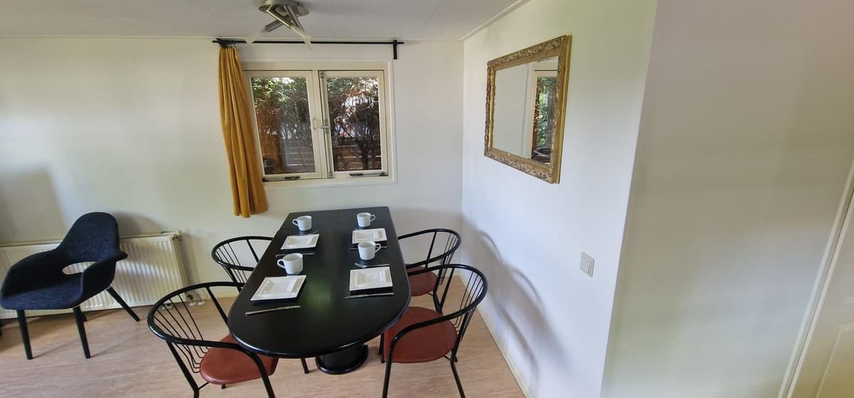 Eethoek met zwarte tafel en stoelen, grote ramen met uitzicht op de tuin en een spiegel aan de muur