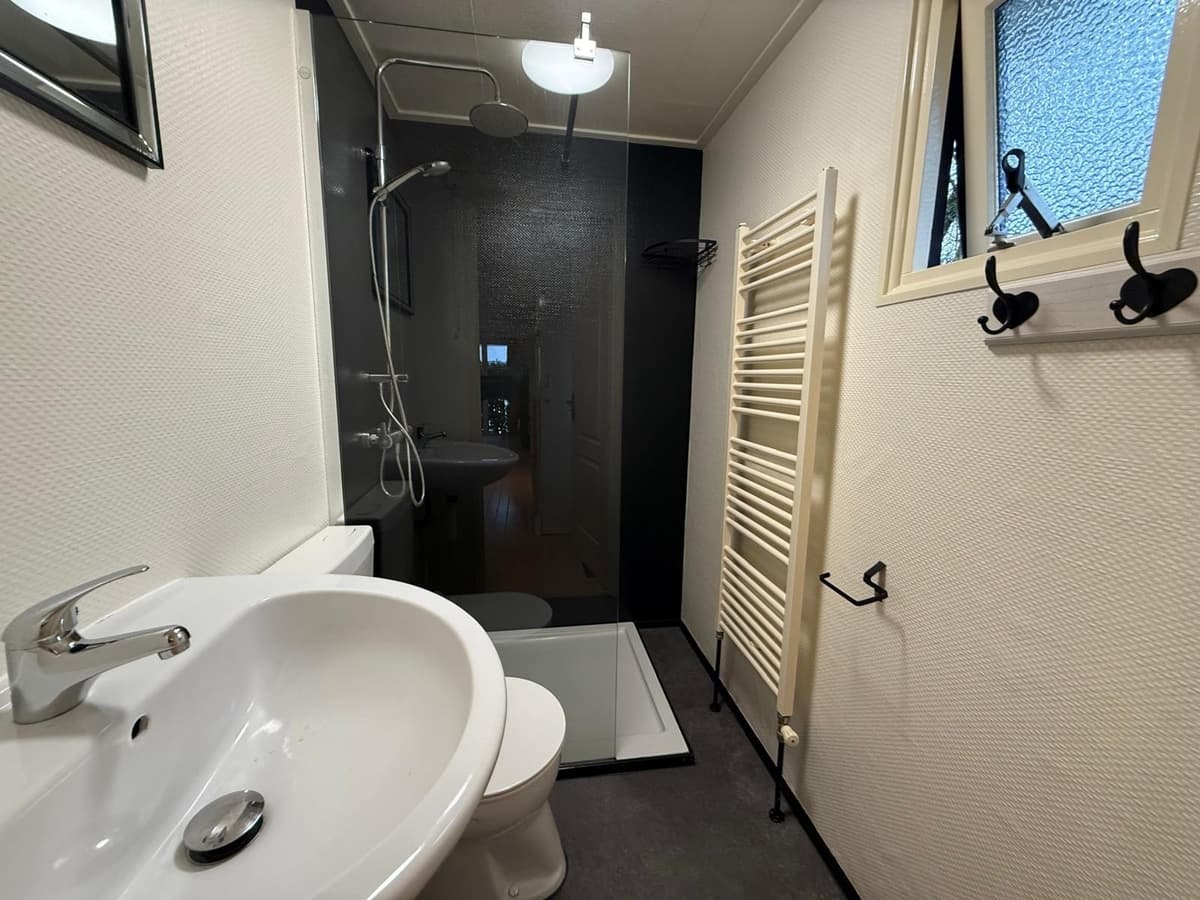 Moderne badkamer met douche, wastafel en toilet, voorzien van handdoekenrek en wandplanken.