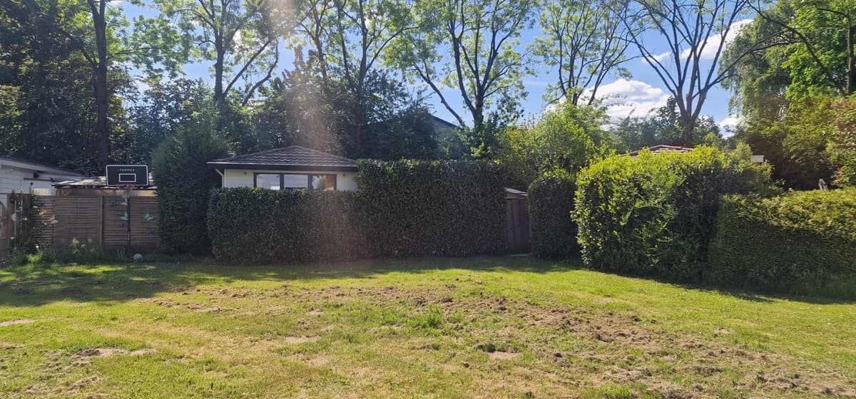 Groene tuin met hagen en bomen, een woning zichtbaar met een plat dak en een basketbalbord aan de linkerzijde.