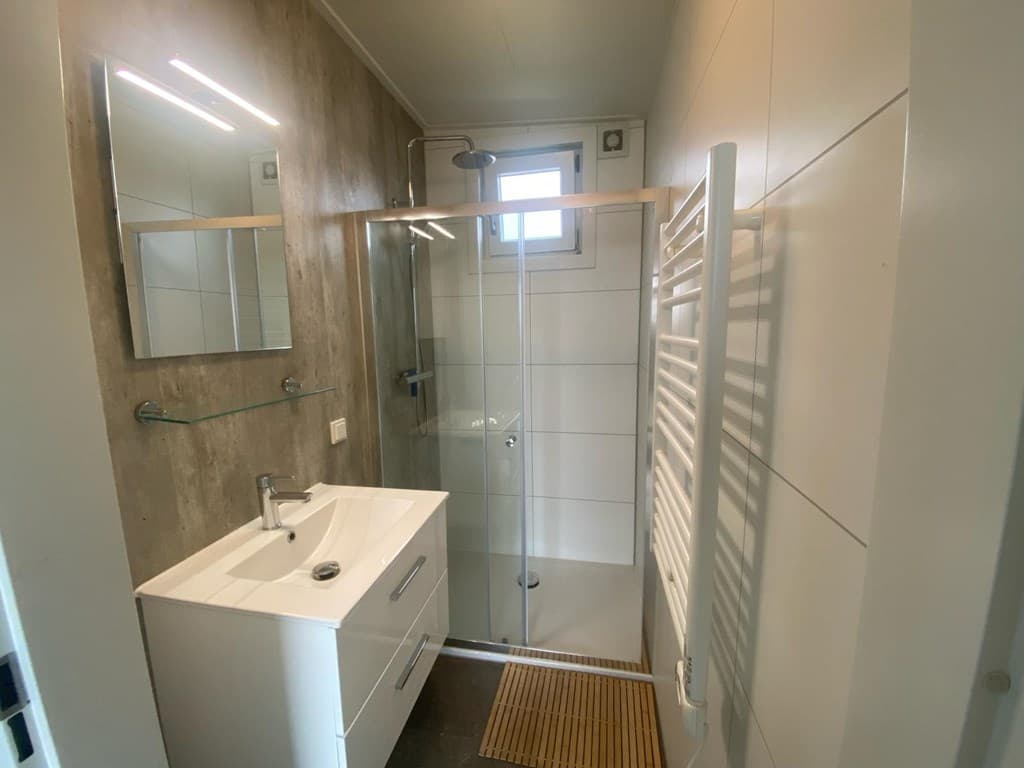 Moderne badkamer met glazen douchecabine, wastafel met spiegel en handdoekradiator.