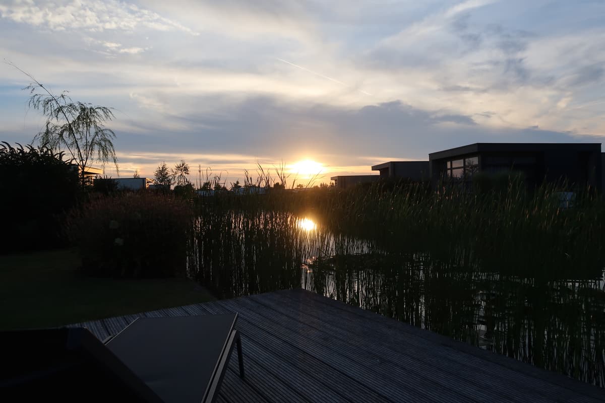 Zonsondergang boven het water met riet, omringd door moderne woningen en groene planten.