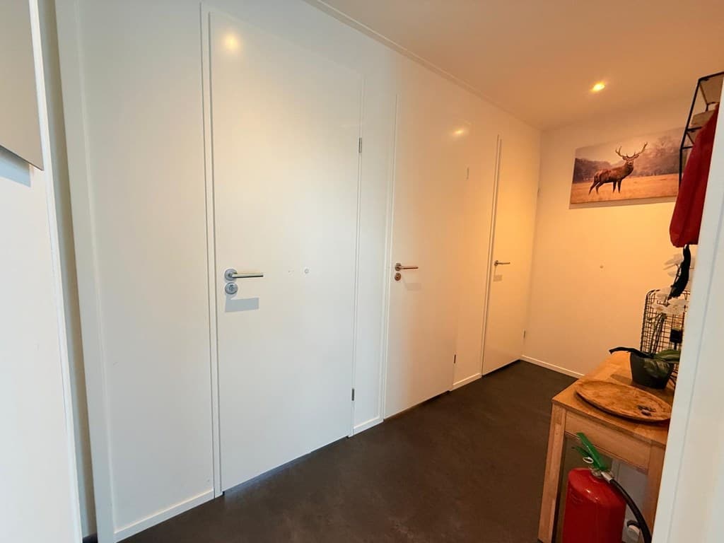 In een lichte hal met witte wanden en drie deuren aan de rechterzijde, een houten tafel met een mand en een schilderij aan de