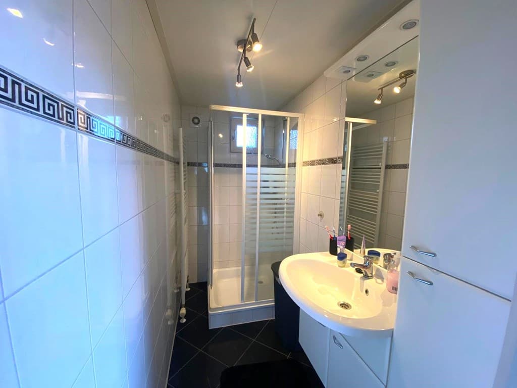 Badkamer met douche, wastafel en spiegel met verlichting, witte tegels en donkere vloertegels.