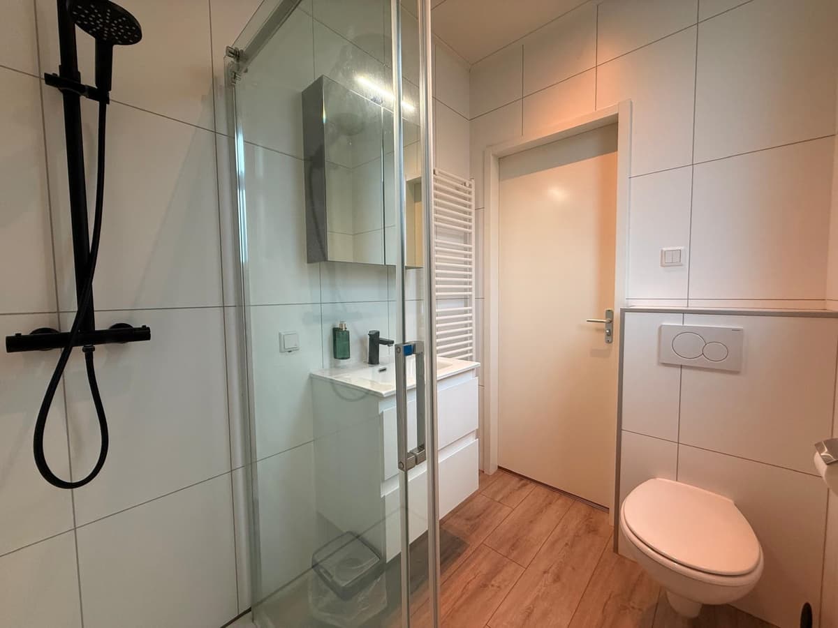 Moderne badkamer met inloopdouche, wastafel en toilet, witte tegelwand en houten vloer.