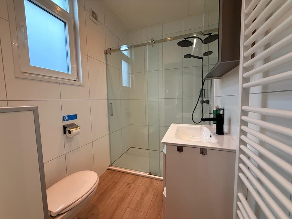 Moderne badkamer met douche, wastafel en toilet, lichte tegels en vloertegels in houtlook.