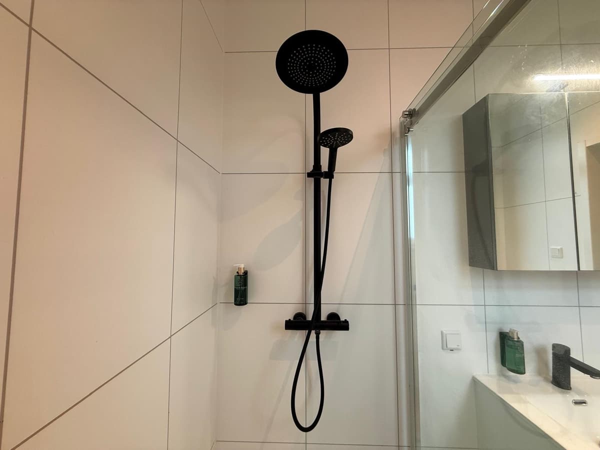 Moderne douche met zwarte regendouchekop en handdouche, betegelde wanden en glazen douchewand.