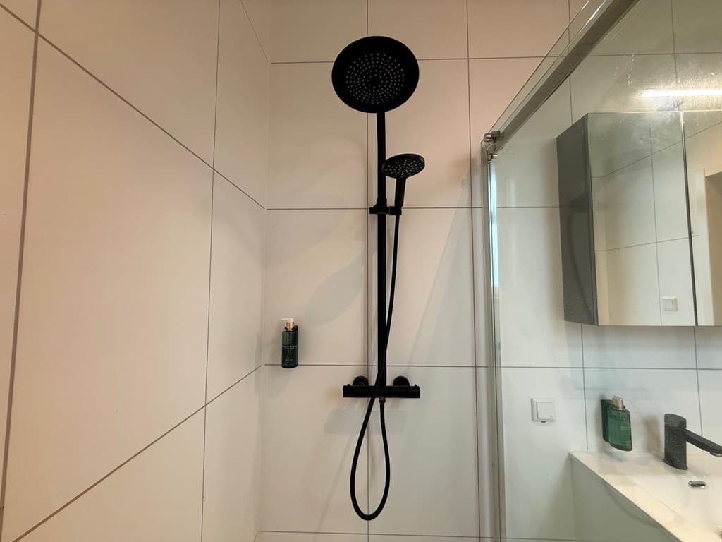 Moderne douche met zwarte regendouchekop en handdouche, betegelde wanden en glazen douchewand.