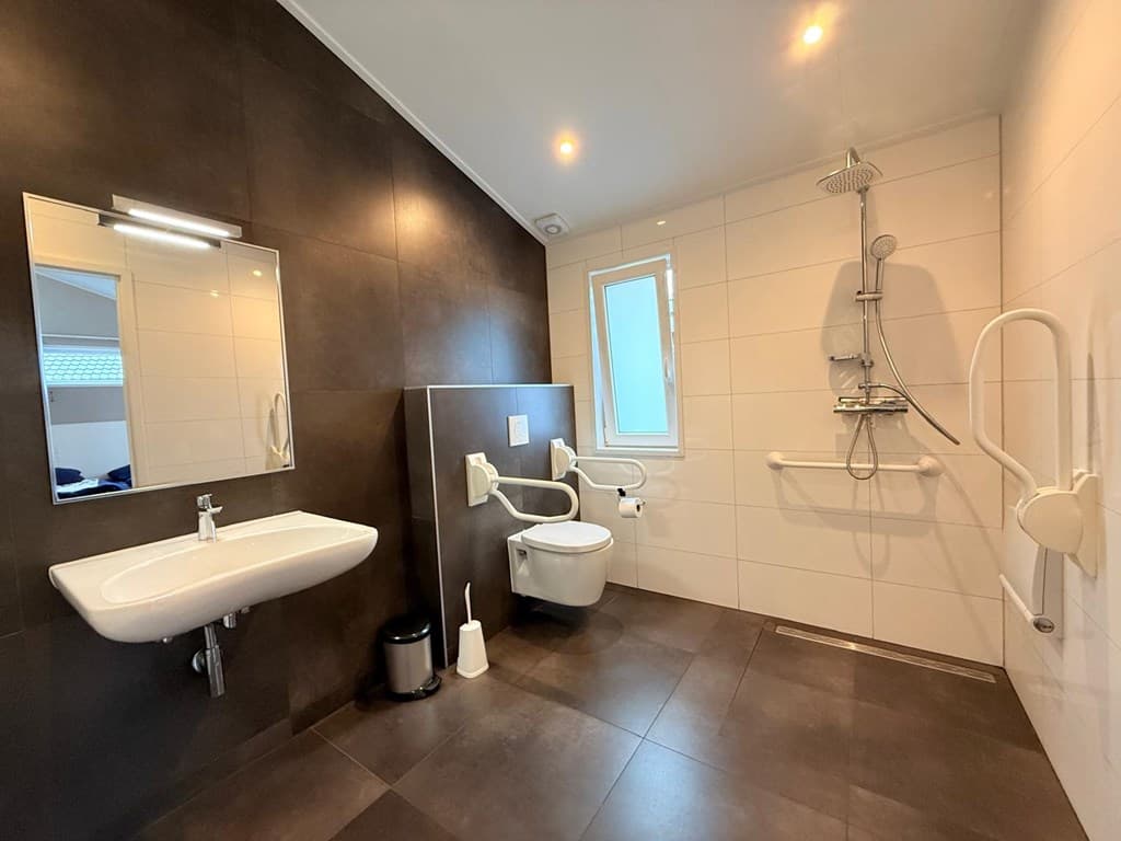 Ruime badkamer met inloopdouche, wastafel, toilet en steunbeugels in moderne stijl.