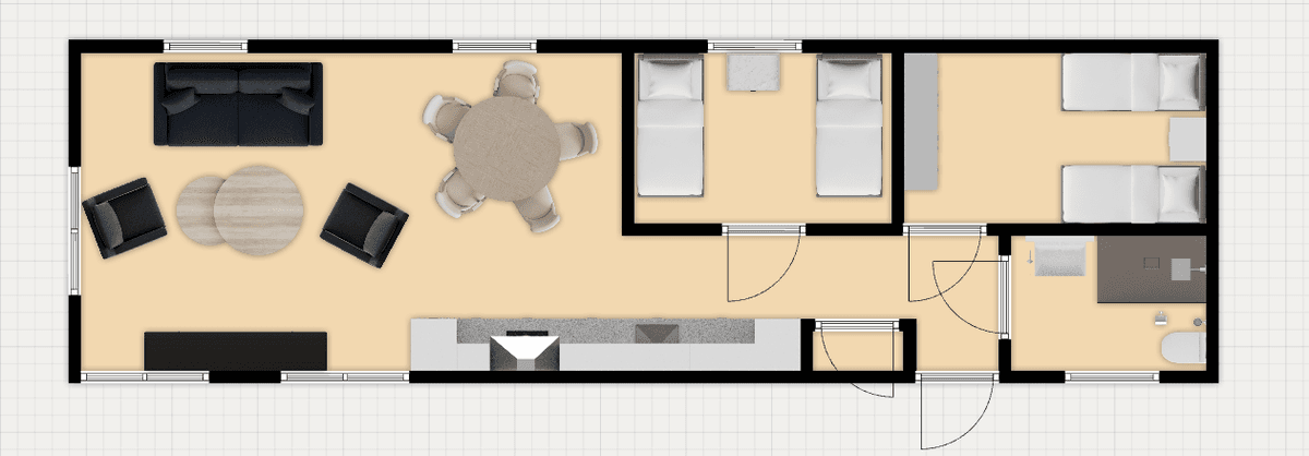 Plattegrond van een woning met woonkamer, eetkamer, twee slaapkamers, keuken en badkamer.