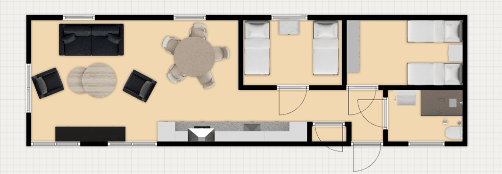 Plattegrond van een woning met woonkamer, eetkamer, twee slaapkamers, keuken en badkamer.