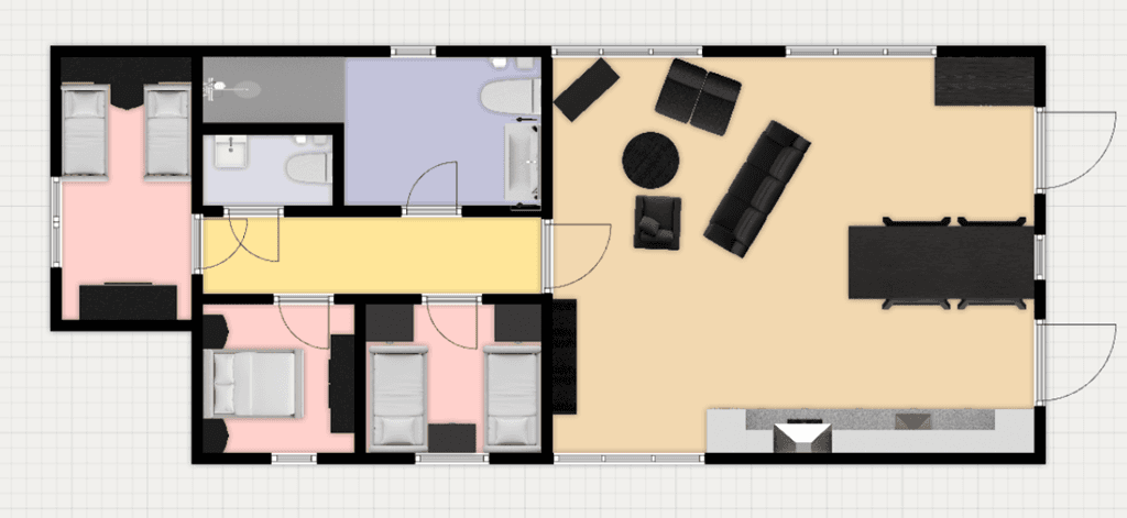 Plattegrond van een woning met twee slaapkamers, woonkamer, eetgedeelte en keuken in EuroParcs Kaatsheuvel.