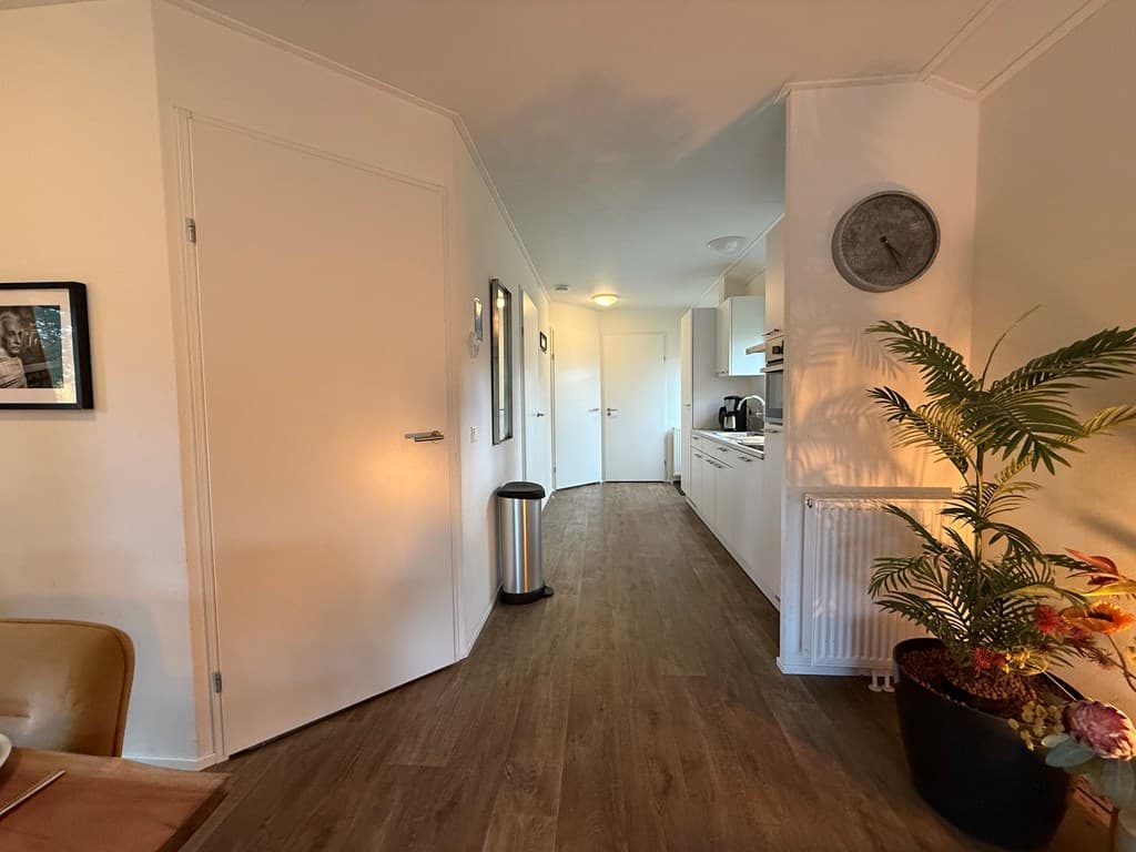Ingang naar de woning met een gang en zicht op de keuken, een plantenbak en een klok aan de muur