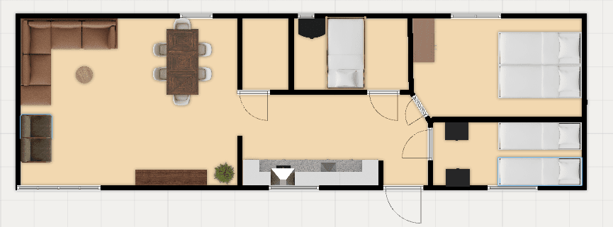 Plattegrond van een woning met een woonkamer, eetgedeelte, twee slaapkamers en een badkamer.
