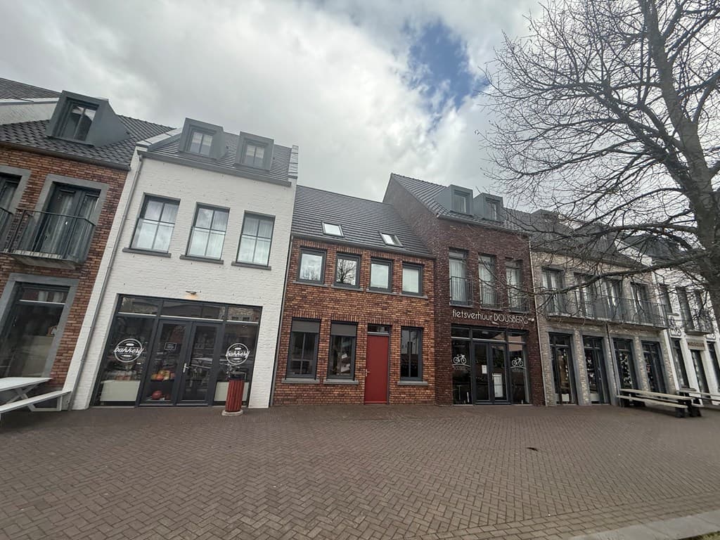 Rij van moderne gebouwen met diverse gevels en grote ramen, enkele voorzien van balkons en een terras aan de voorzijde