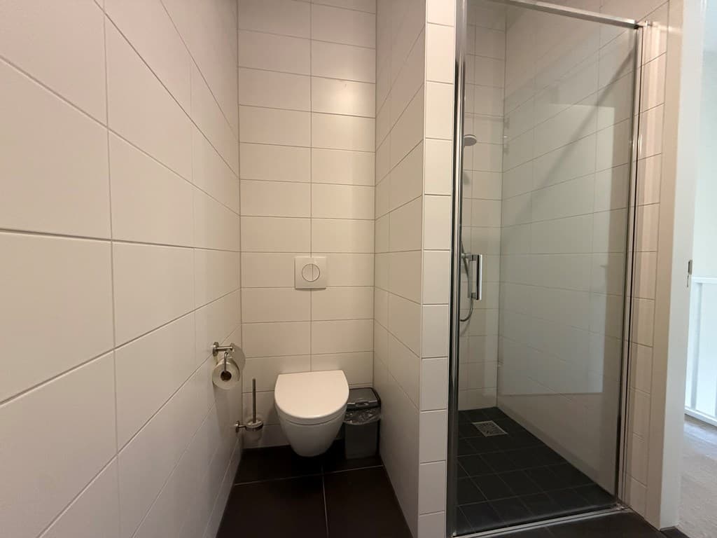 Moderne badkamer met inloopdouche, toilet en witte wandtegels.