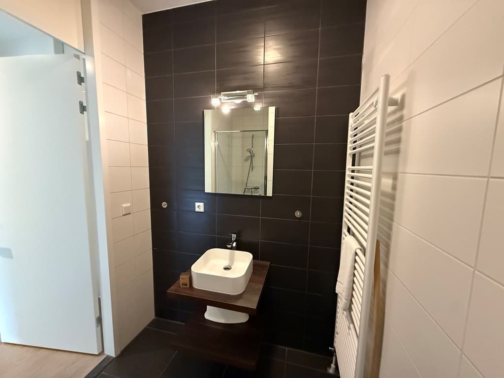 Moderne badkamer met witte wastafel, grote spiegel en regendouche in een donkere tegelwand.