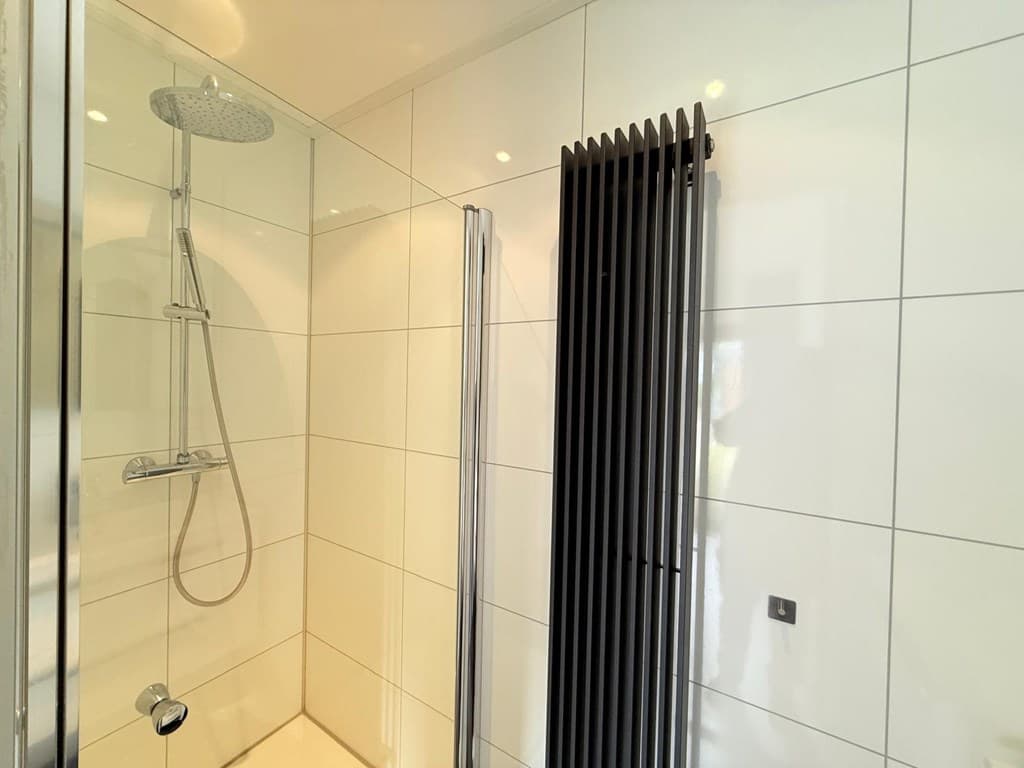 Moderne badkamer met inloopdouche, grote wandtegels en een designradiator in een lichte ruimte