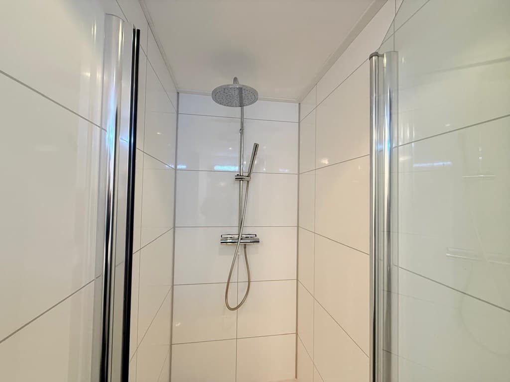 Moderne inloopdouche met witte tegels en een regendouchekop aan de muur