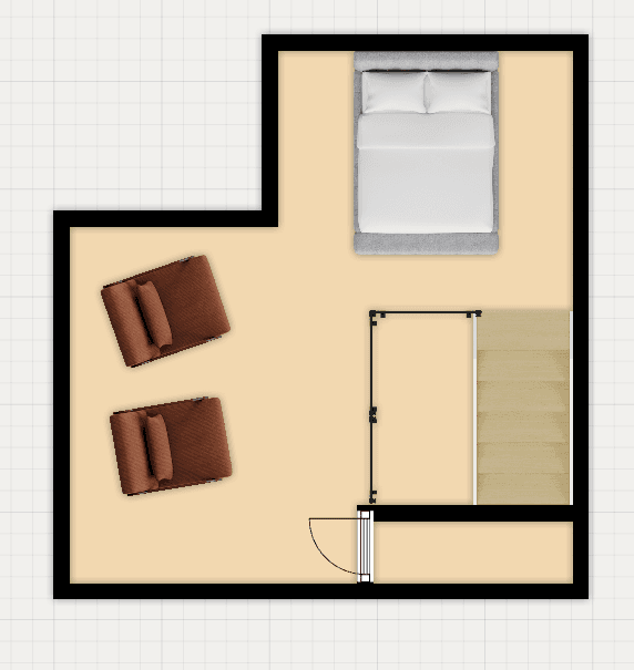 Plattegrond van een woning met een slaapkamer en twee zitjes, een deur en een raam zichtbaar in de indeling.