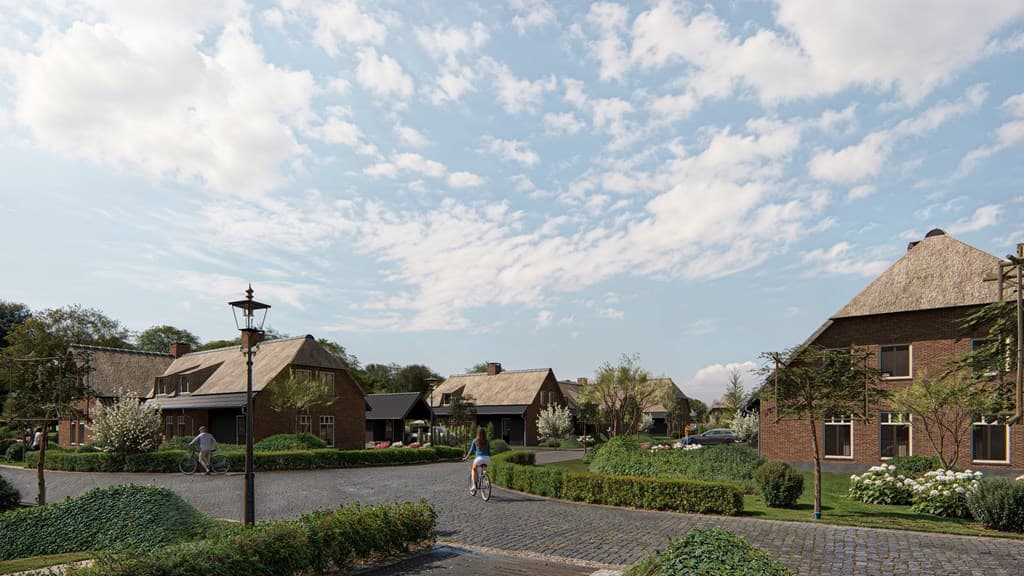 Uitzicht op een rustige straat met rietgedekte woningen, groenblijvende planten en een helderblauwe lucht met wolken.