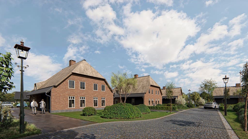 Twee woningen met rieten daken aan een rustige straat, groene bomen en een verhard pad in de voorgrond.