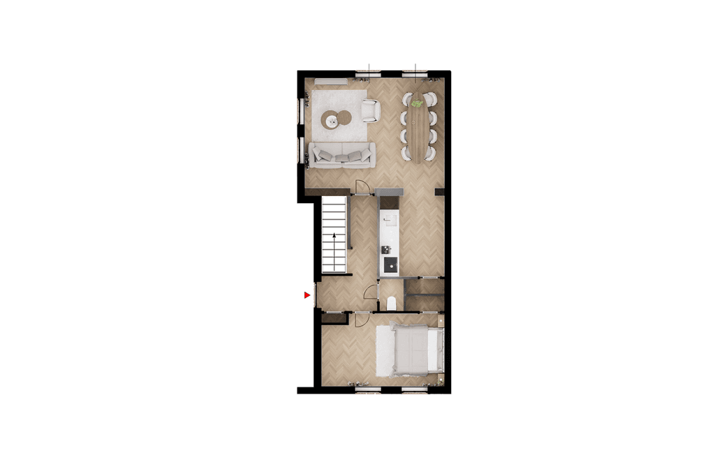 Plattegrond van een woning met een open woonkamer, eetkamer en aangrenzende keuken, plus slaapkamers en badkamer.