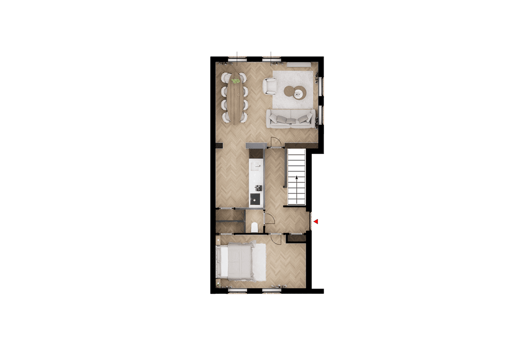 Plattegrond van een woning met een woonkamer, keuken, eetgedeelte en twee slaapkamers zichtbaar.