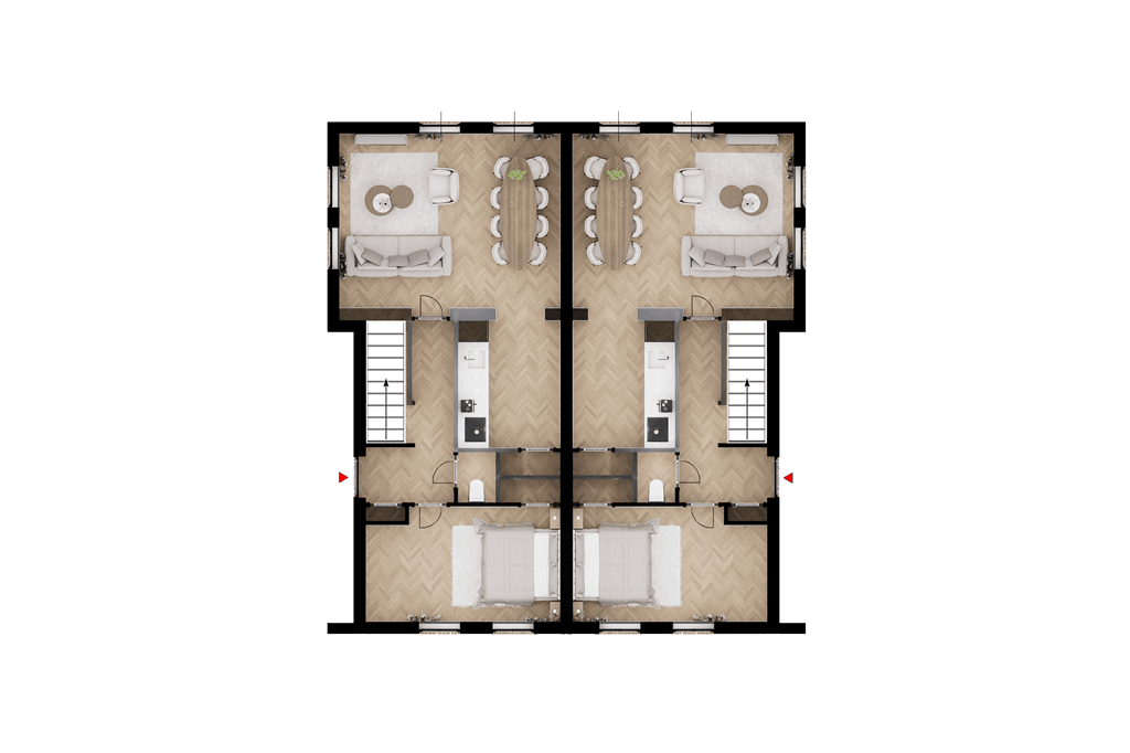 Plattegrond van een woning met twee identieke wooneenheden, elk met een woonkamer, keuken en eetruimte