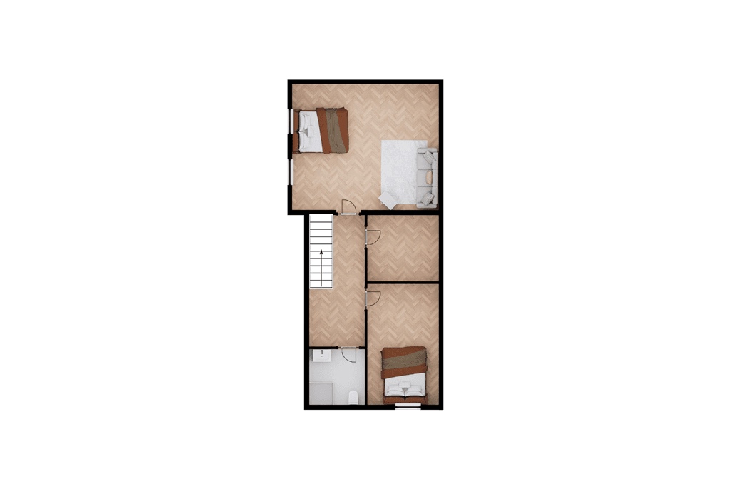 Plattegrond van een woning met twee slaapkamers, een woonkamer en een badkamer, voorzien van lichte vloerbedekking