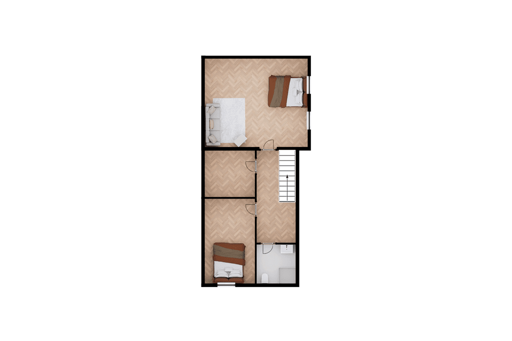Plattegrond van een woning met twee slaapkamers, een woonkamer en een badkamer, met duidelijke indeling en meubels zichtbaar