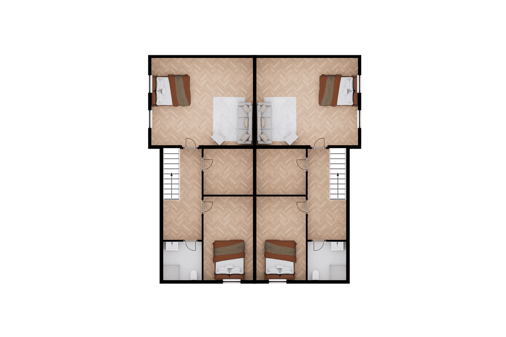 Plattegrond van de woning met vier slaapkamers, elk met twee bedden, en enkele badkamers tussen de ruimtes.