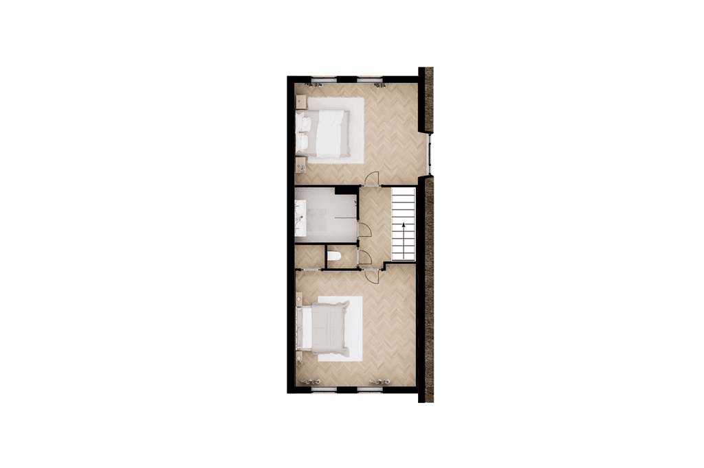 Plattegrond van een woning met twee slaapkamers, een badkamer en een woonkamer met open indeling.