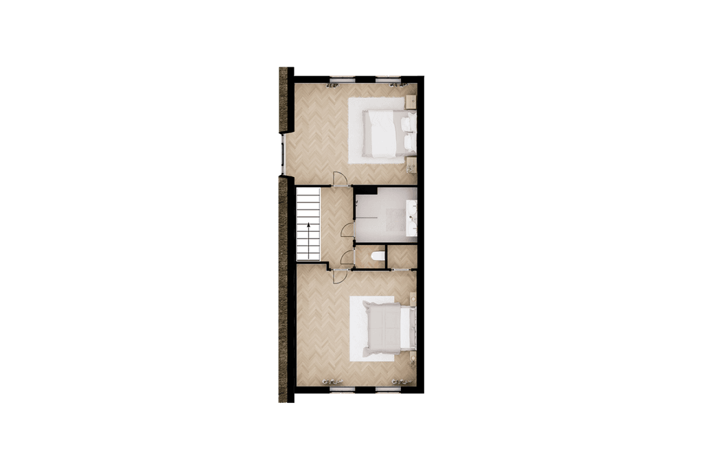 Plattegrond van een woning met twee slaapkamers, een badkamer en een gang.