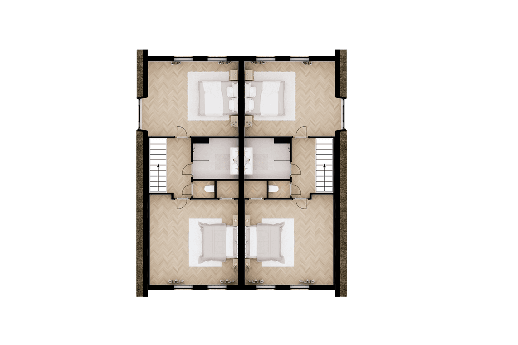 Indeling van een woning met vier kamers, twee slaapkamers en een gezamenlijke woonruimte in het midden.