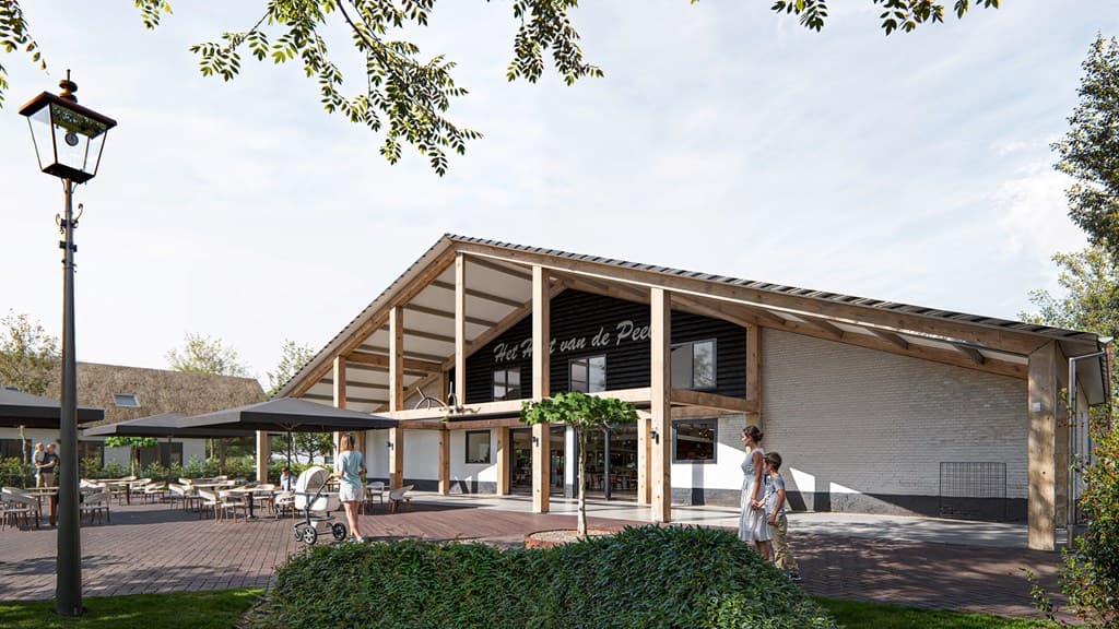 Moderne woning met grote overhang en houten gevel, uitgerust met terrassen en groene bomen rondom.