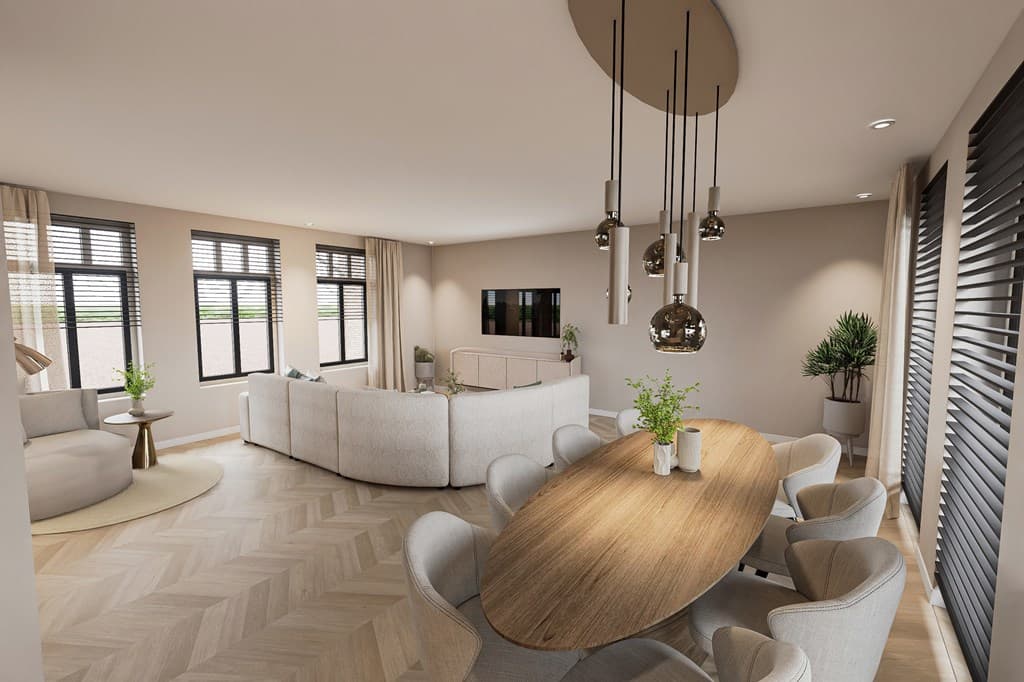 Ruime woonkamer met een zithoek, eettafel en grote ramen die natuurlijk licht binnenlaten