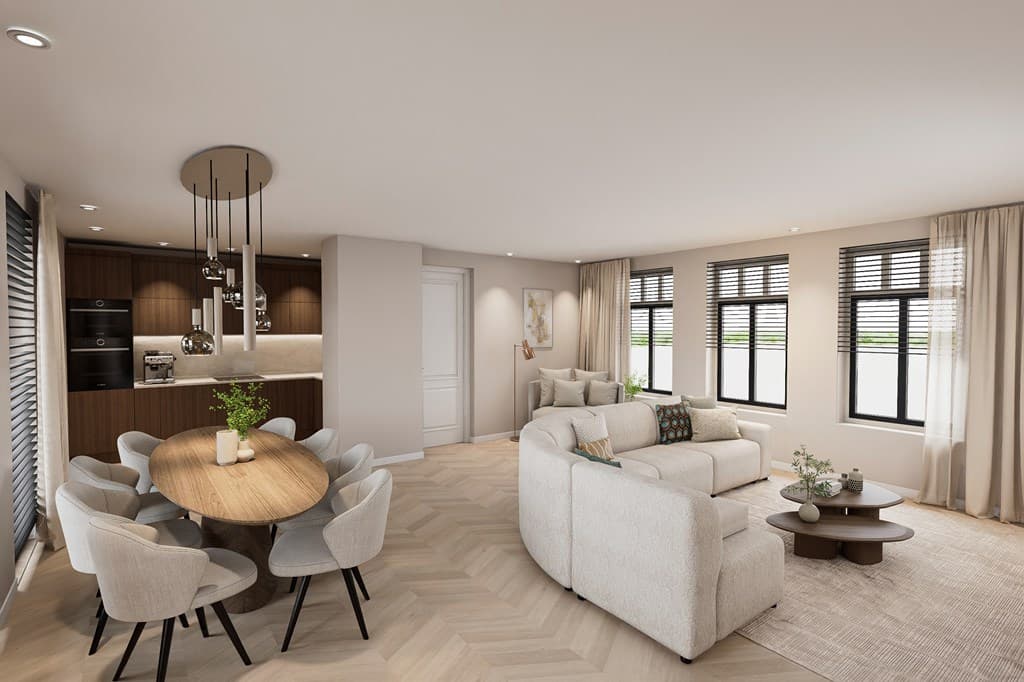 Woonkamer met een moderne inrichting, eetgedeelte met ronde tafel en uitzicht op grote ramen met jaloezieën.
