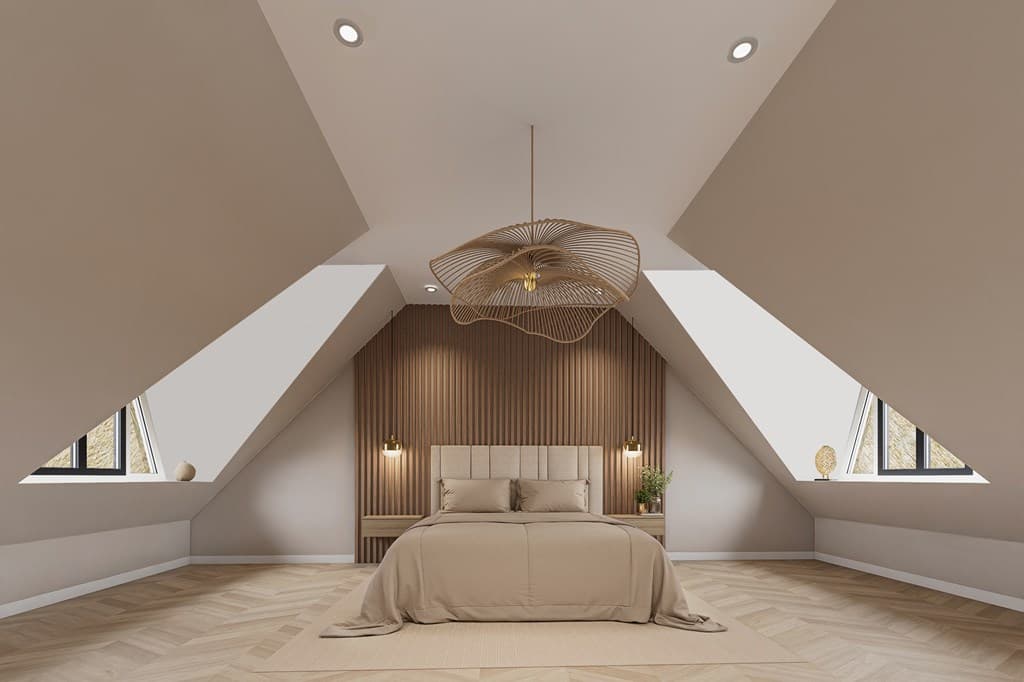 Slaapkamer met schuin oplopende wanden, houten vloer en grote ramen met uitzicht, ingericht met een bed en moderne lamp.